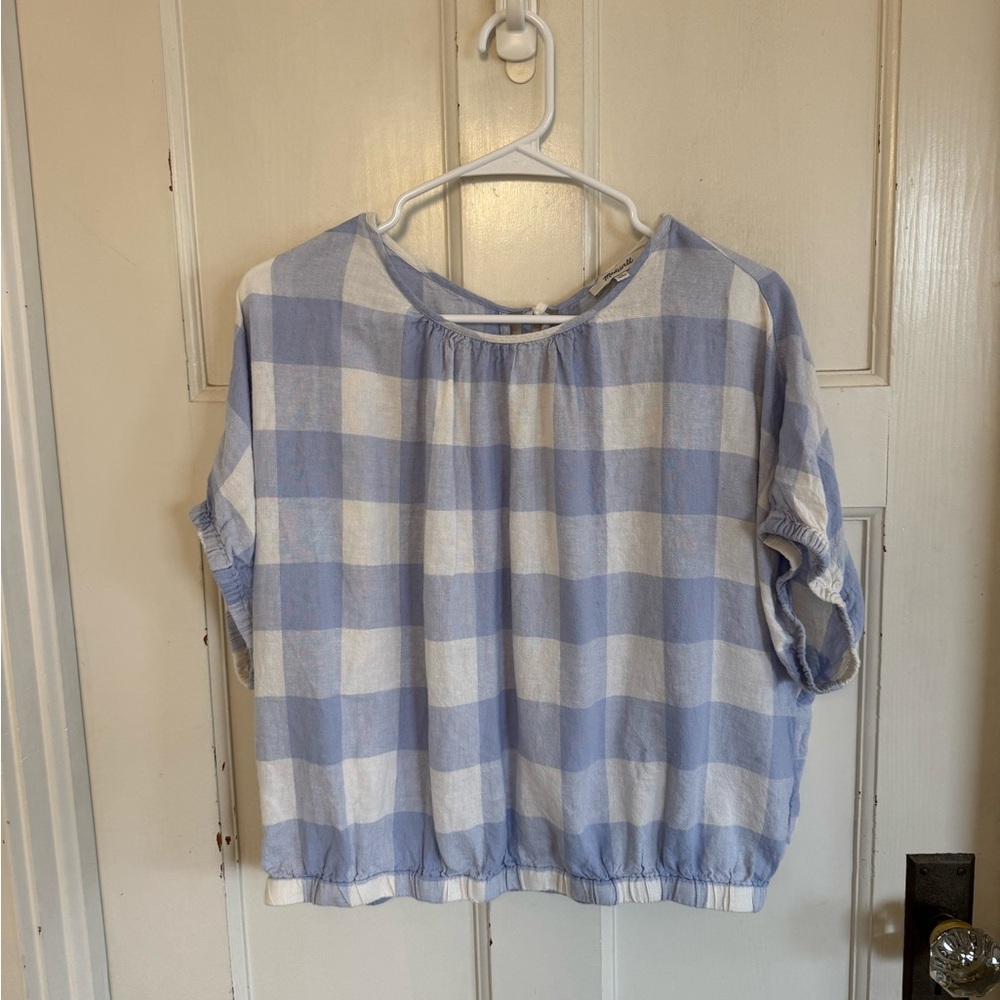 Madewell‎ linen blend blue Michelle bubble top in gingham check size xl.